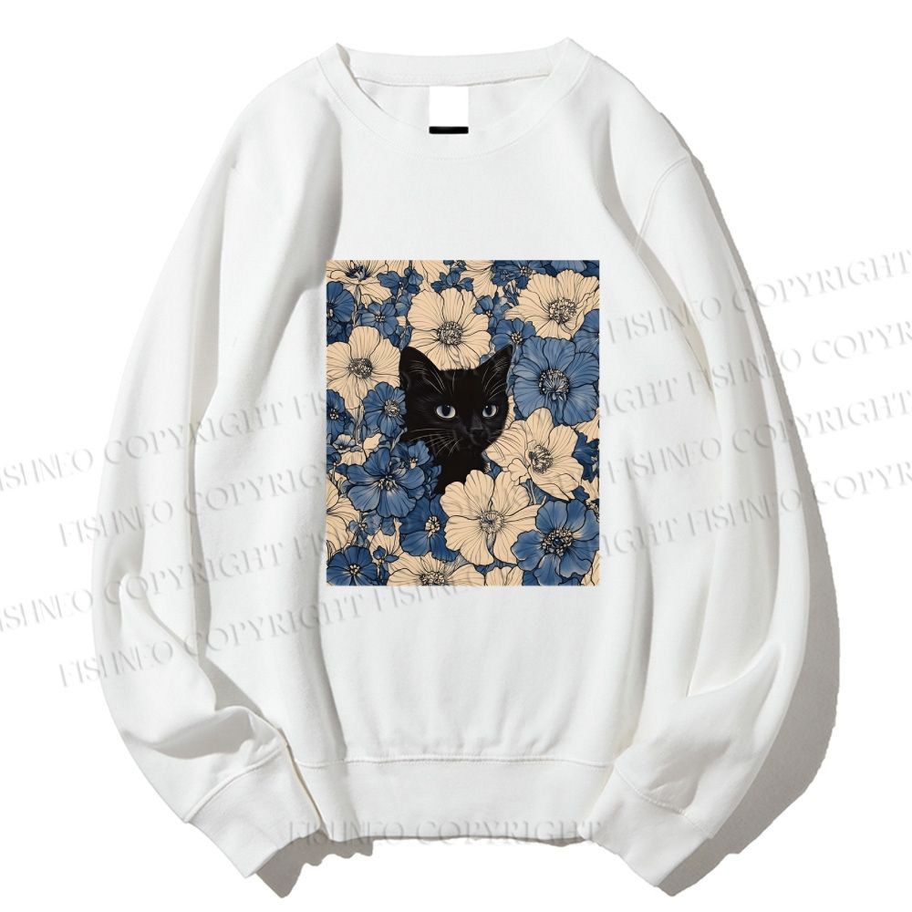 Unisex Cat & Flowers Printed Sweatshirt