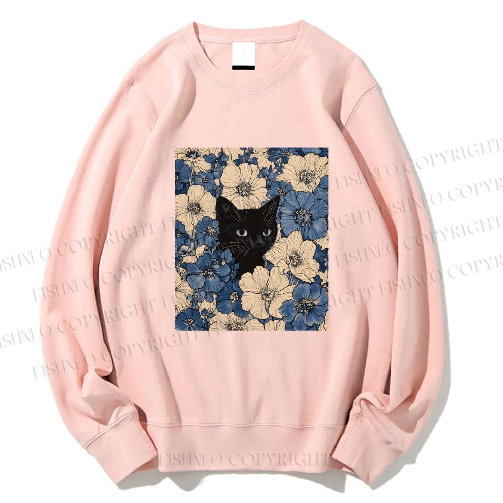 Unisex Cat & Flowers Printed Sweatshirt