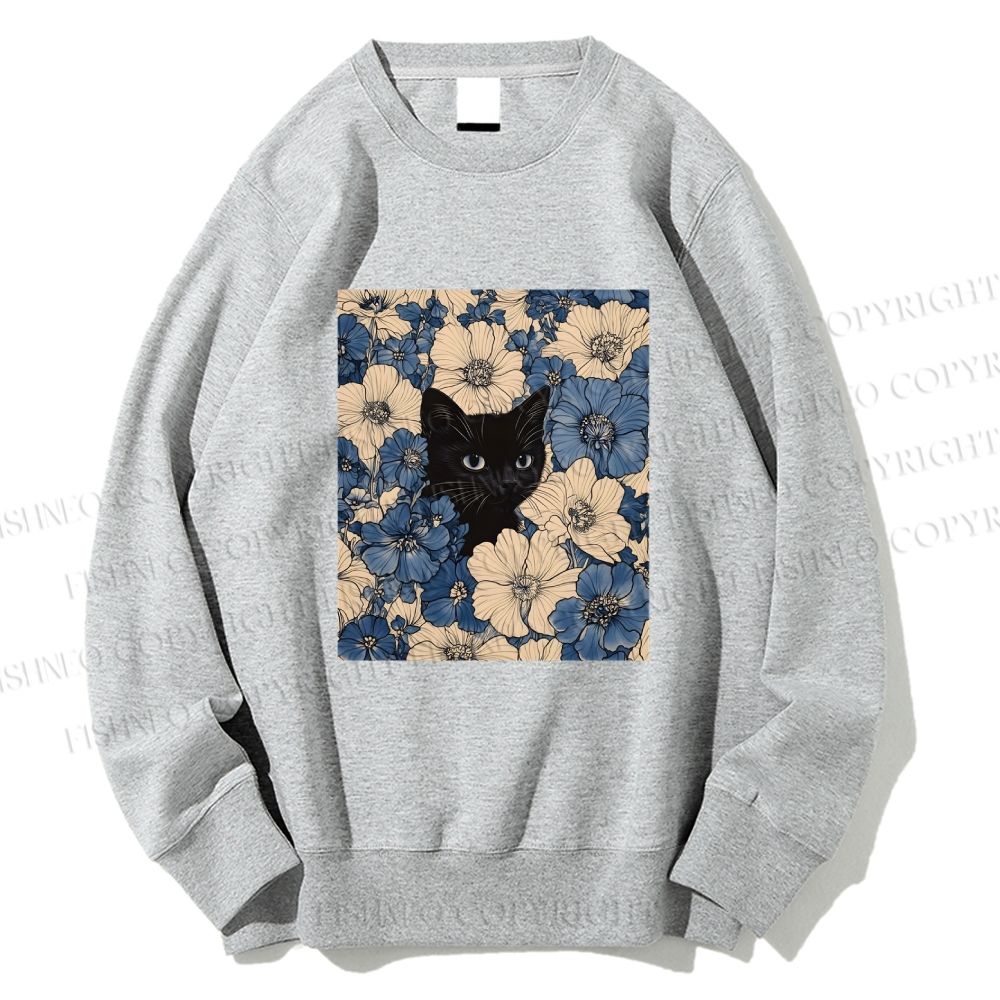Unisex Cat & Flowers Printed Sweatshirt