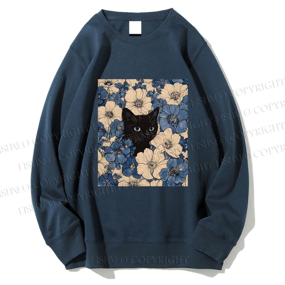 Unisex Cat & Flowers Printed Sweatshirt