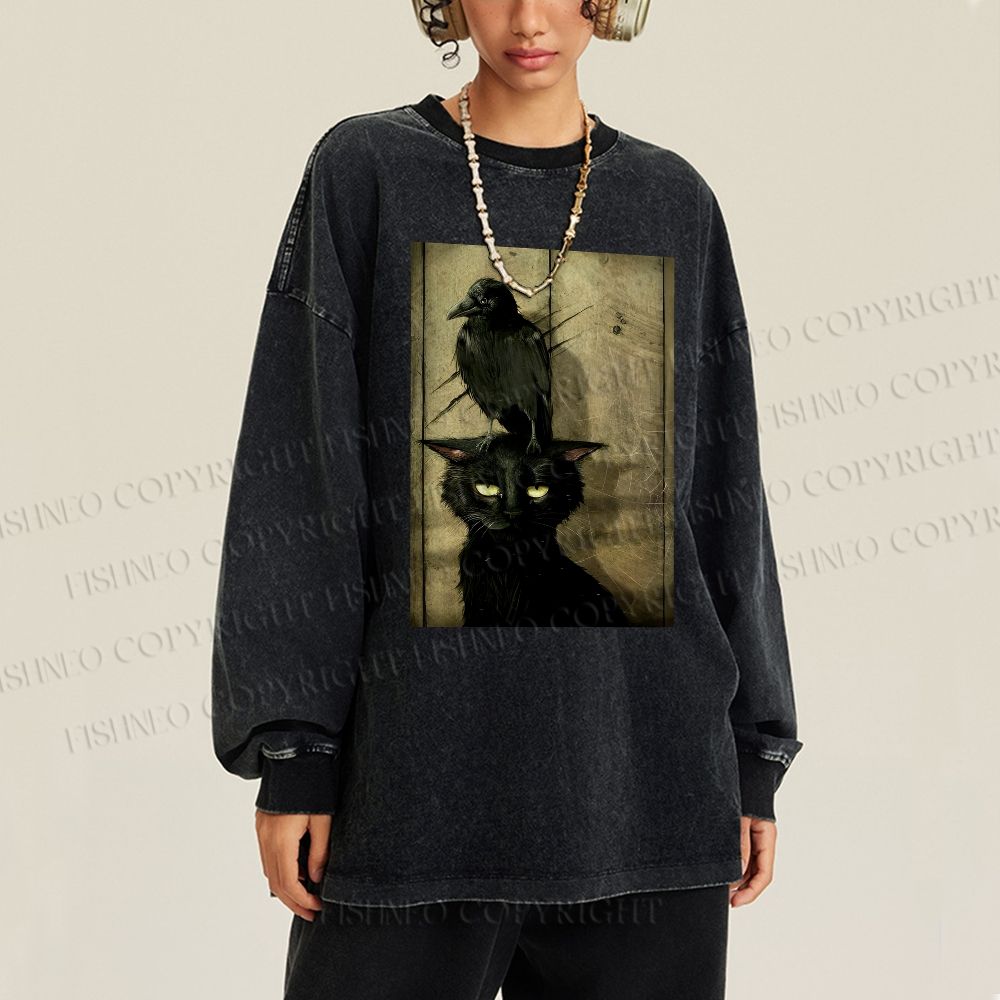 Unisex Casual Washed Crow And Black Cat Printed Long Sleeve T-shirt
