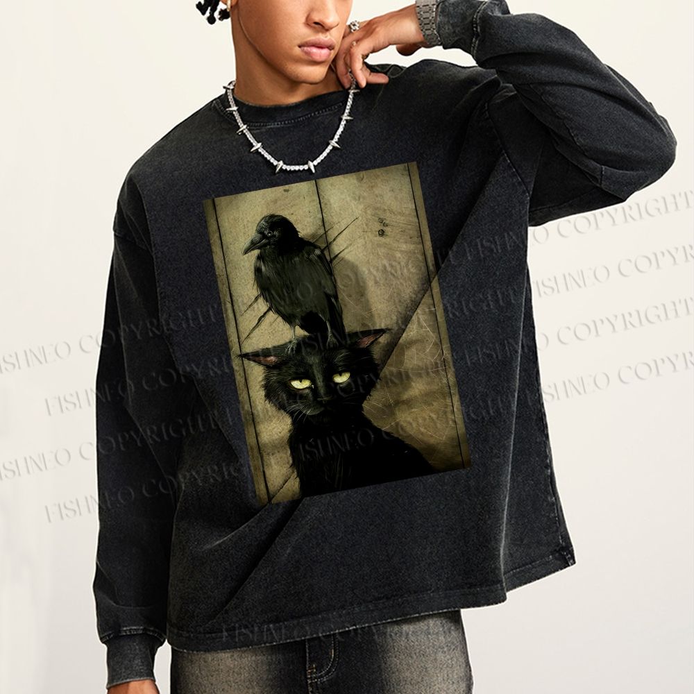 Unisex Casual Washed Crow And Black Cat Printed Long Sleeve T-shirt