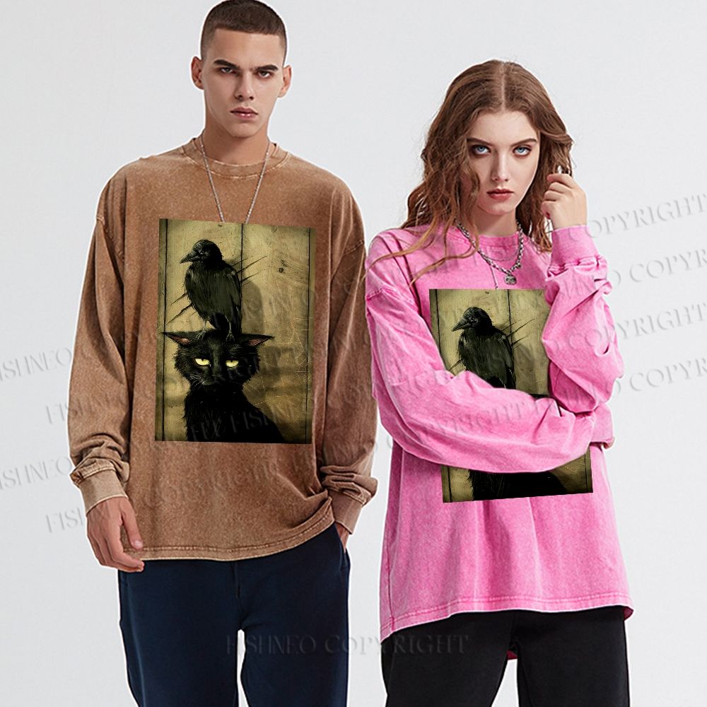 Unisex Casual Washed Crow And Black Cat Printed Long Sleeve T-shirt