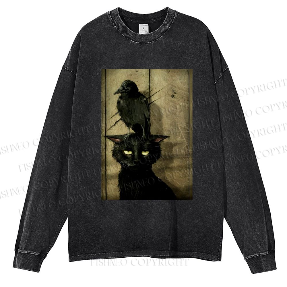 Unisex Casual Washed Crow And Black Cat Printed Long Sleeve T-shirt