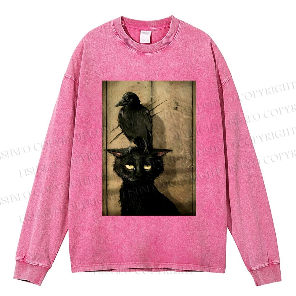 Unisex Casual Washed Crow And Black Cat Printed Long Sleeve T-shirt