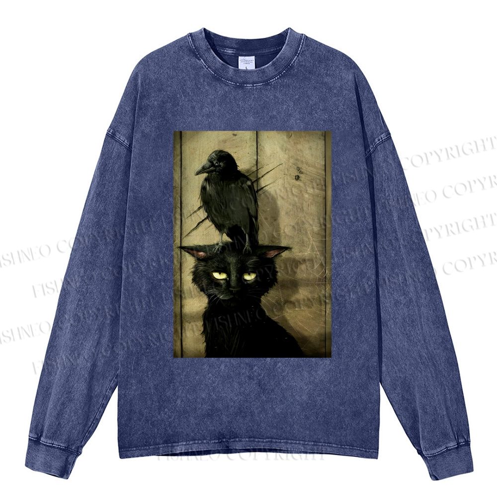 Unisex Casual Washed Crow And Black Cat Printed Long Sleeve T-shirt