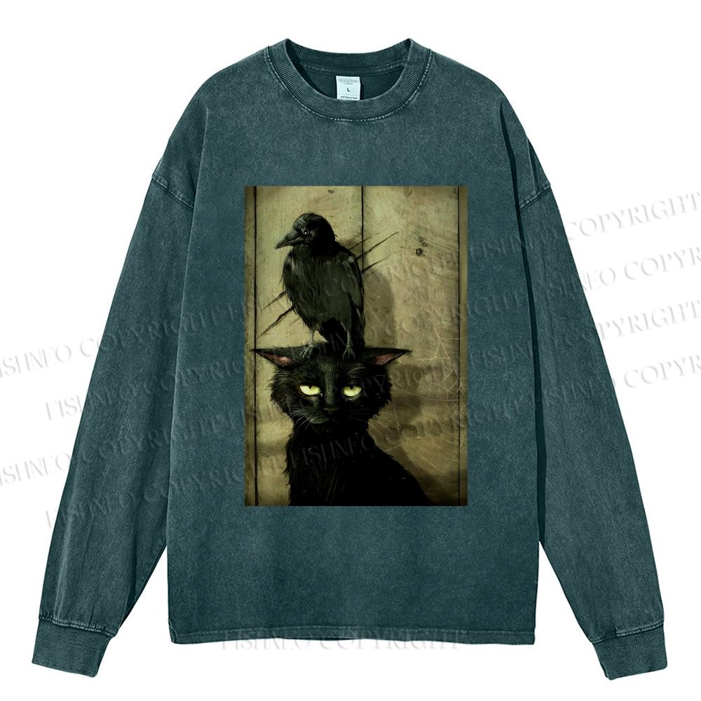 Unisex Casual Washed Crow And Black Cat Printed Long Sleeve T-shirt