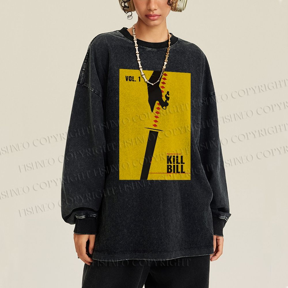 Unisex Casual Washed Kill Bill Printed Long Sleeve T-shirt