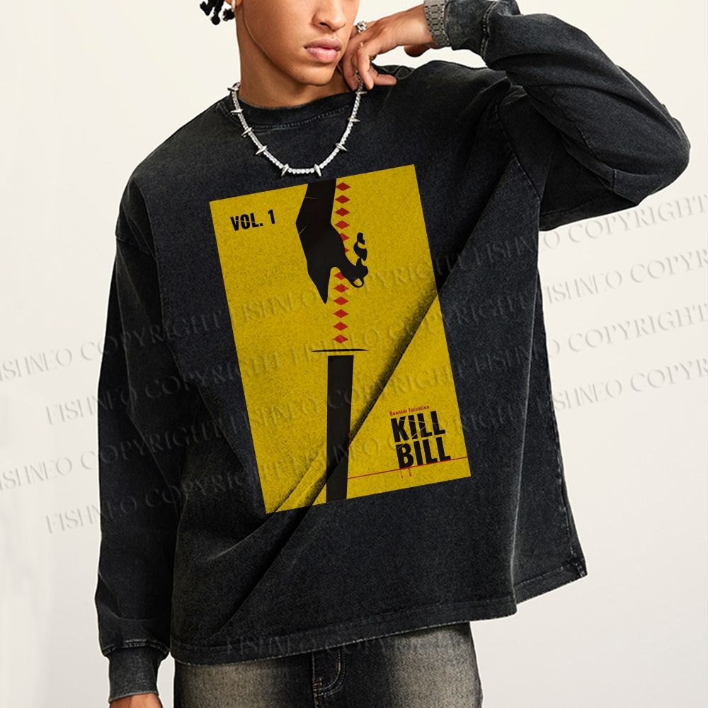 Unisex Casual Washed Kill Bill Printed Long Sleeve T-shirt