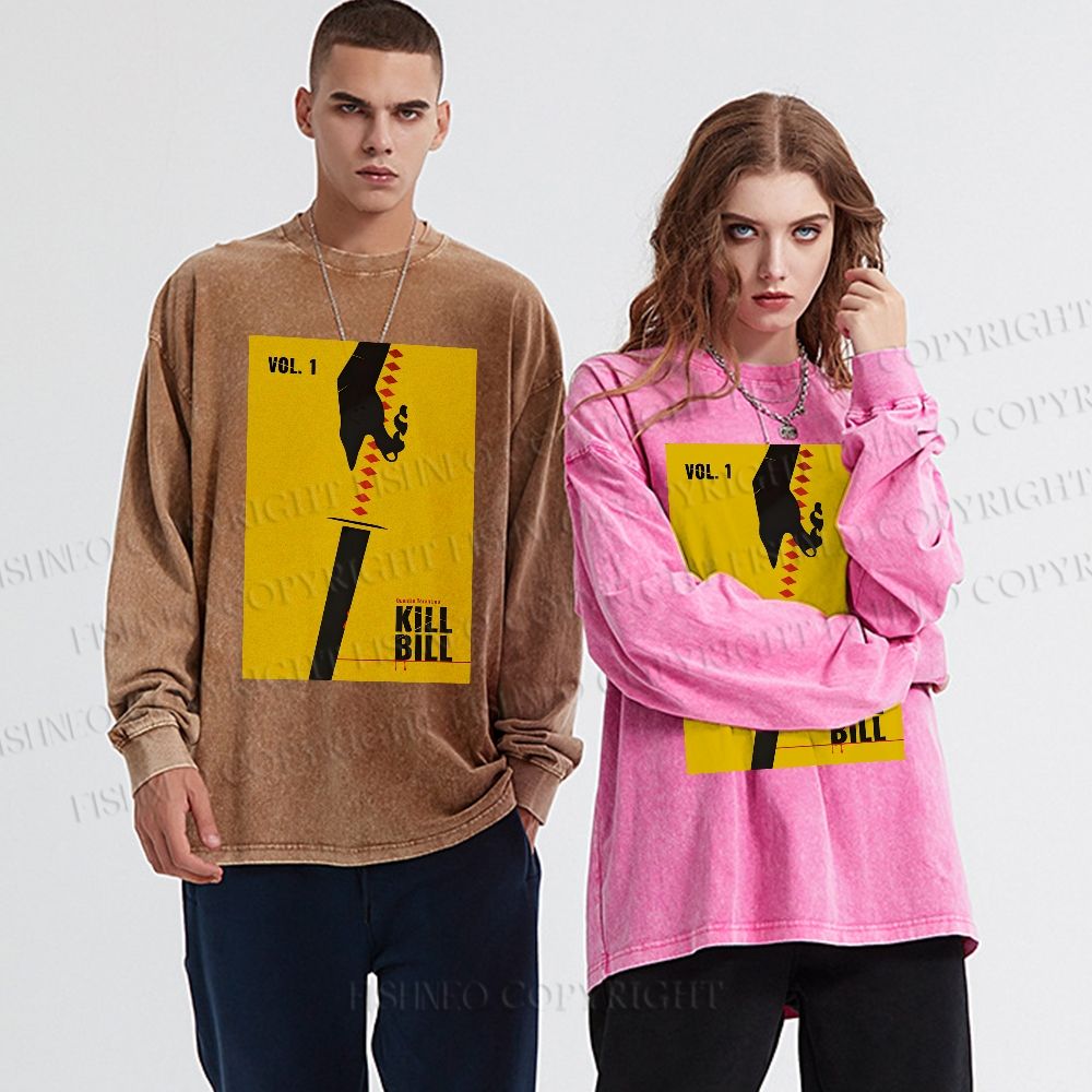 Unisex Casual Washed Kill Bill Printed Long Sleeve T-shirt
