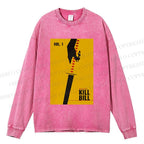 Unisex Casual Washed Kill Bill Printed Long Sleeve T-shirt