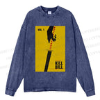 Unisex Casual Washed Kill Bill Printed Long Sleeve T-shirt