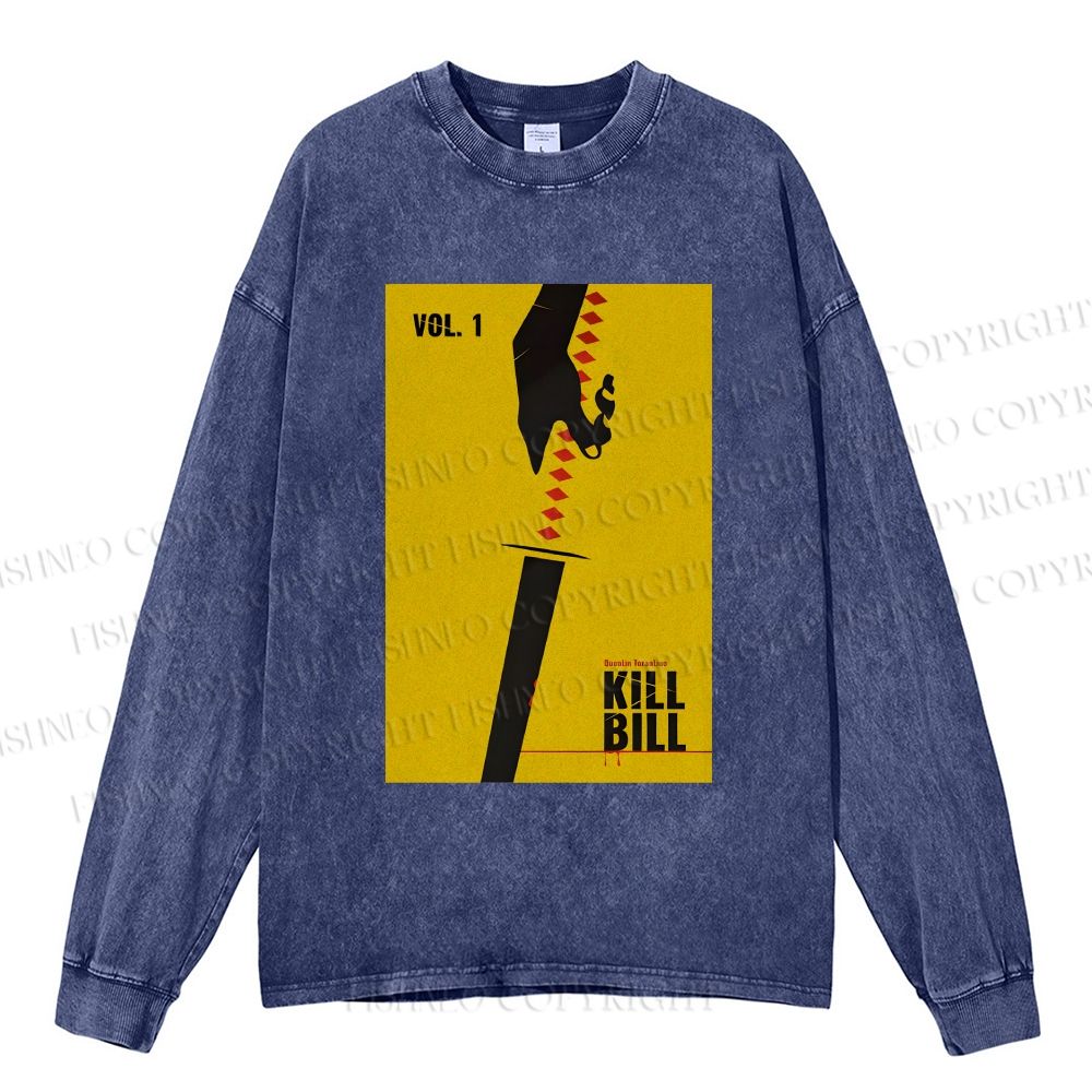 Unisex Casual Washed Kill Bill Printed Long Sleeve T-shirt