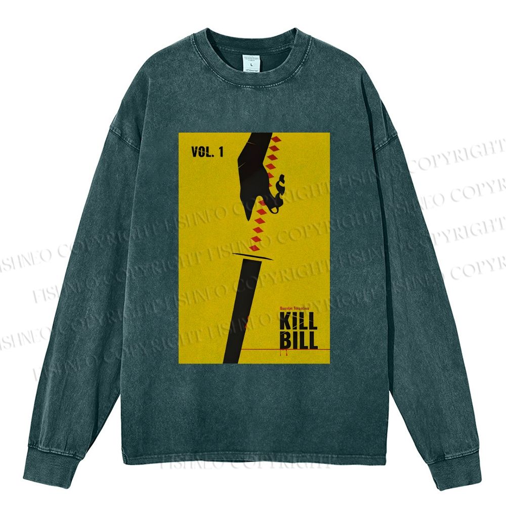 Unisex Casual Washed Kill Bill Printed Long Sleeve T-shirt