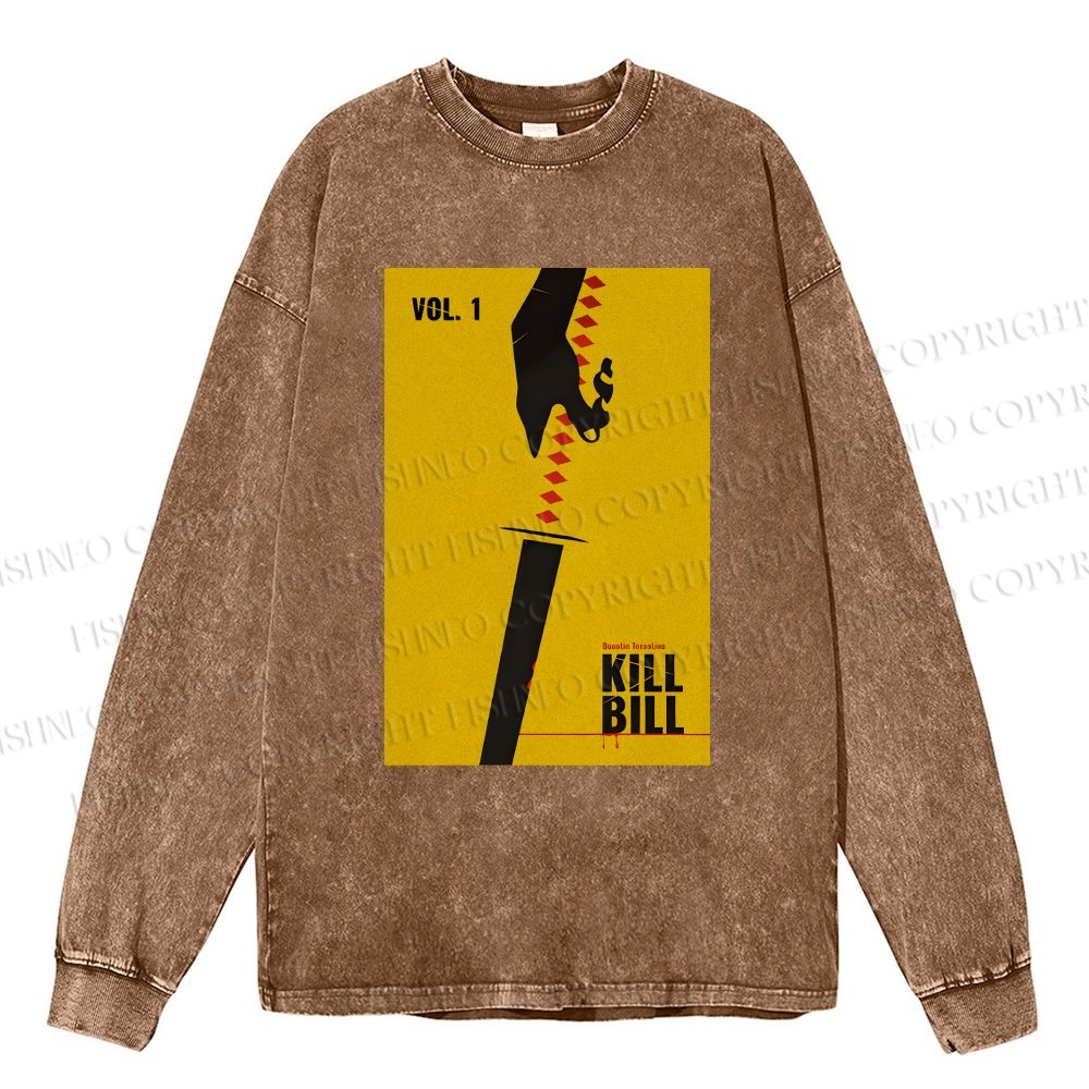 Unisex Casual Washed Kill Bill Printed Long Sleeve T-shirt