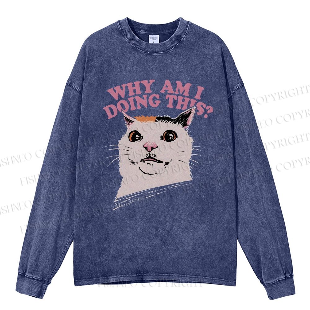 Unisex Casual Washed Why Am I Doing This Cat Printed Long Sleeve T-shirt