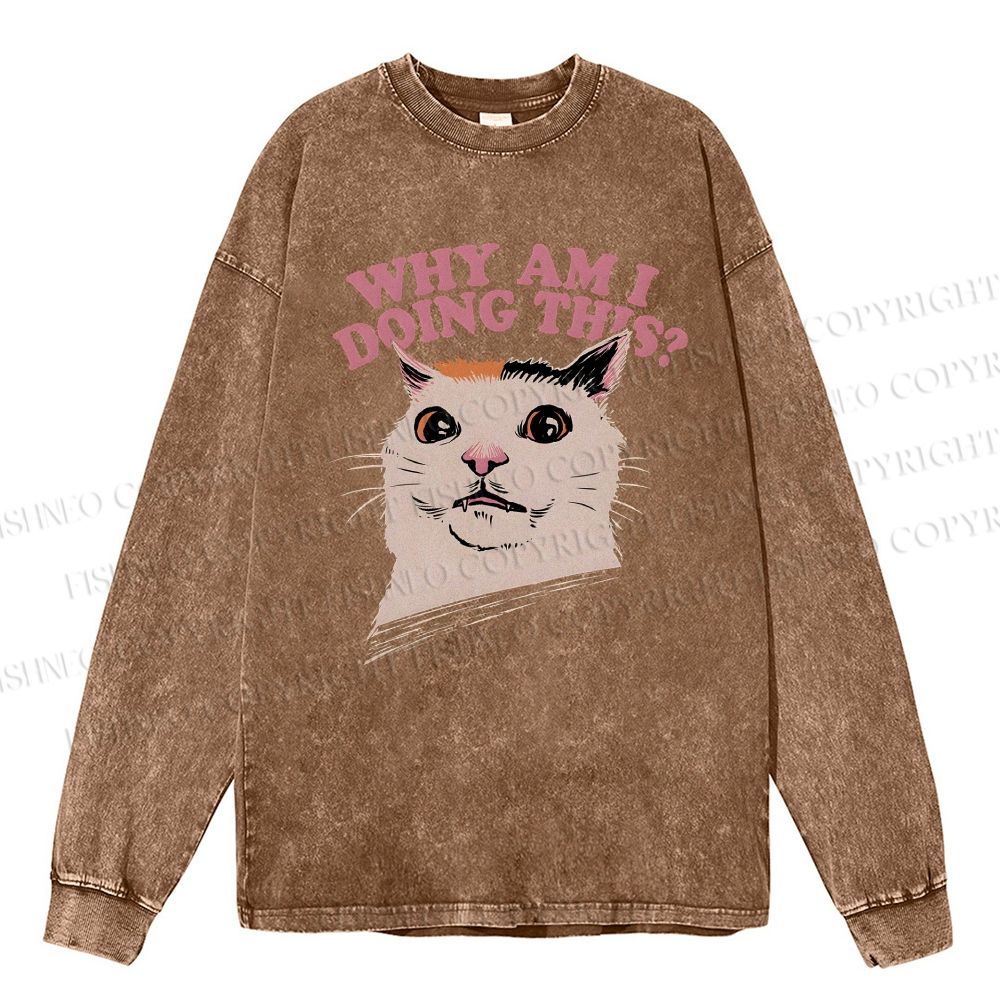 Unisex Casual Washed Why Am I Doing This Cat Printed Long Sleeve T-shirt