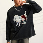 Unisex Casual Washed Yoshitomo Nara White Dog Printed Long Sleeve T-shirt