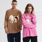 Unisex Casual Washed Yoshitomo Nara White Dog Printed Long Sleeve T-shirt