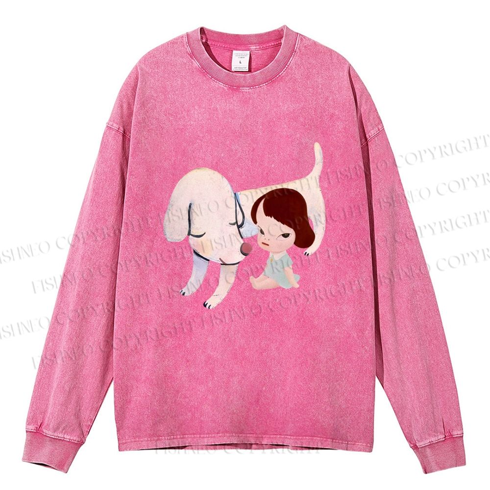 Unisex Casual Washed Yoshitomo Nara White Dog Printed Long Sleeve T-shirt