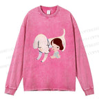 Unisex Casual Washed Yoshitomo Nara White Dog Printed Long Sleeve T-shirt