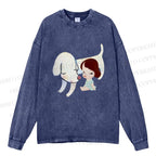 Unisex Casual Washed Yoshitomo Nara White Dog Printed Long Sleeve T-shirt