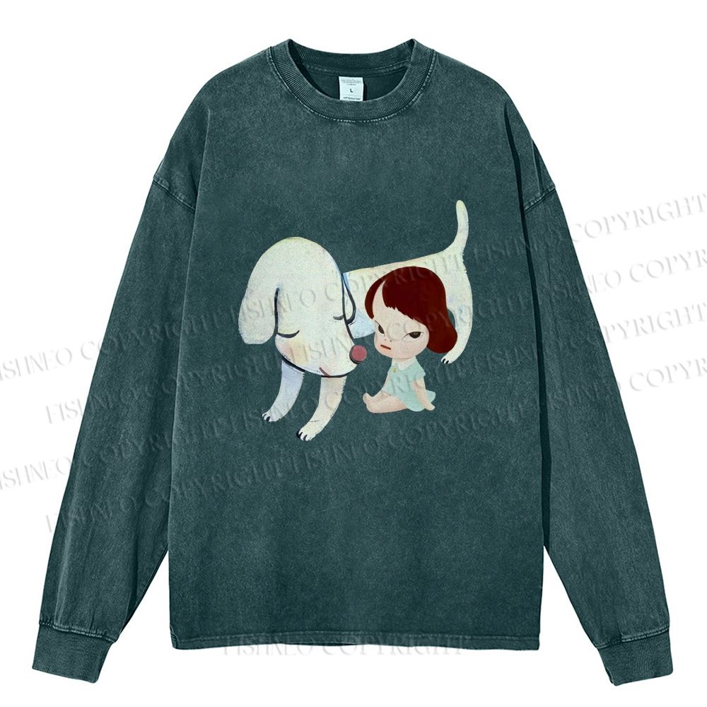 Unisex Casual Washed Yoshitomo Nara White Dog Printed Long Sleeve T-shirt