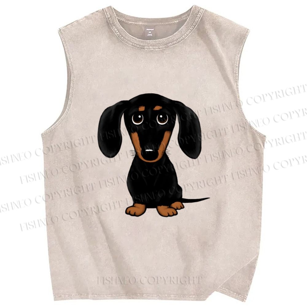 Unisex Black Dog Printed Washed Tank Top