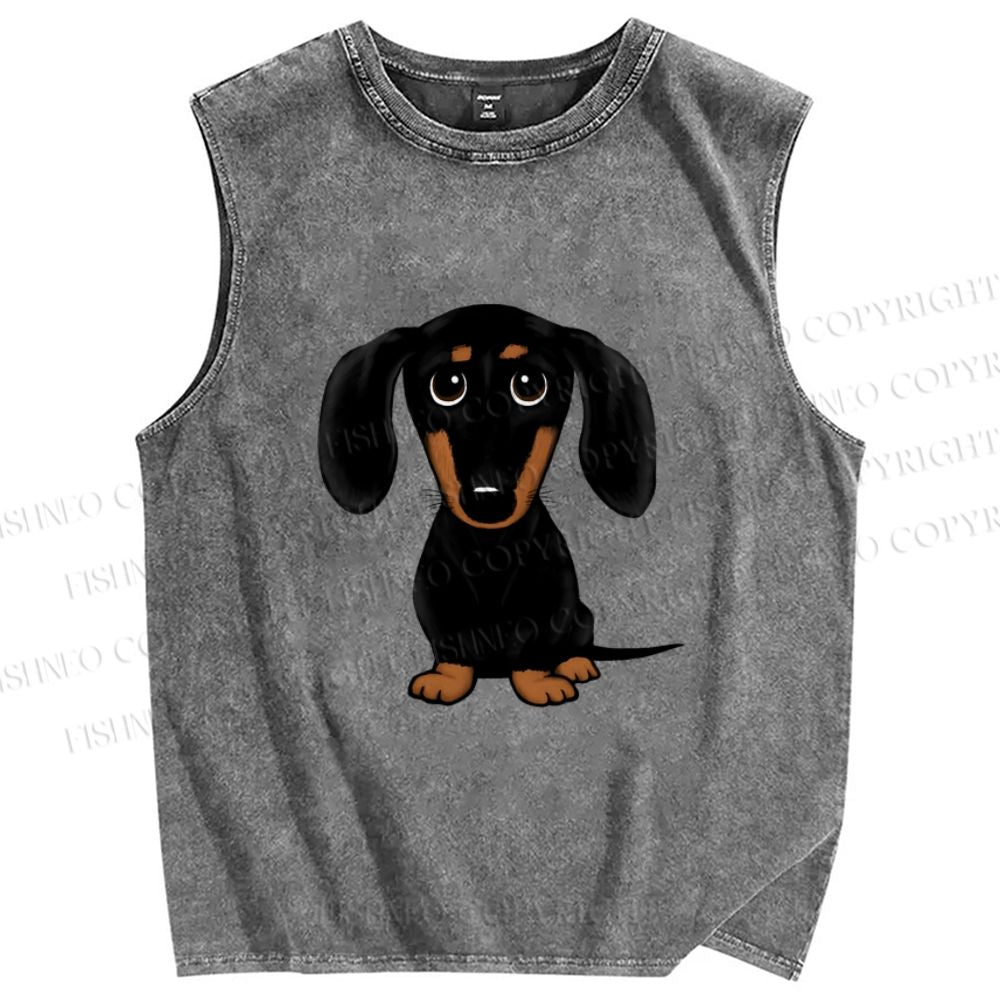 Unisex Black Dog Printed Washed Tank Top