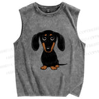Unisex Black Dog Printed Washed Tank Top