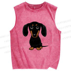 Unisex Black Dog Printed Washed Tank Top