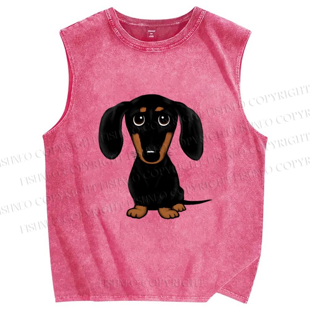 Unisex Black Dog Printed Washed Tank Top