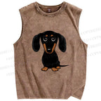Unisex Black Dog Printed Washed Tank Top