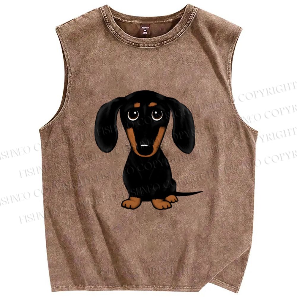 Unisex Black Dog Printed Washed Tank Top