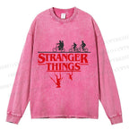 Unisex Casual Washed Stranger Things Printed Long Sleeve T-shirt