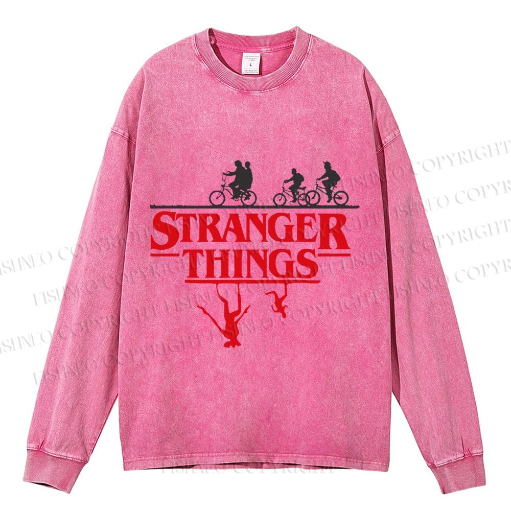 Unisex Casual Washed Stranger Things Printed Long Sleeve T-shirt