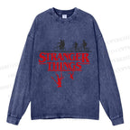 Unisex Casual Washed Stranger Things Printed Long Sleeve T-shirt