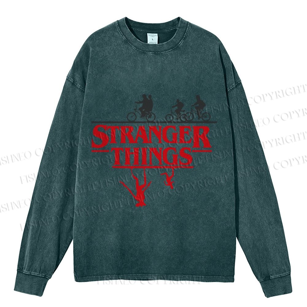 Unisex Casual Washed Stranger Things Printed Long Sleeve T-shirt