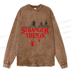 Unisex Casual Washed Stranger Things Printed Long Sleeve T-shirt
