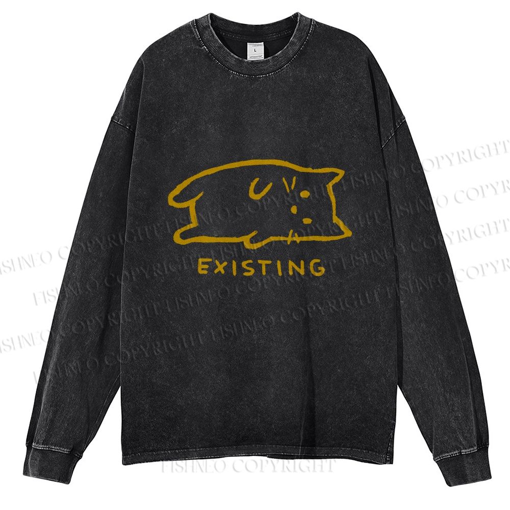 Unisex Casual Washed Laying Cat Existing Printed Long Sleeve T-shirt