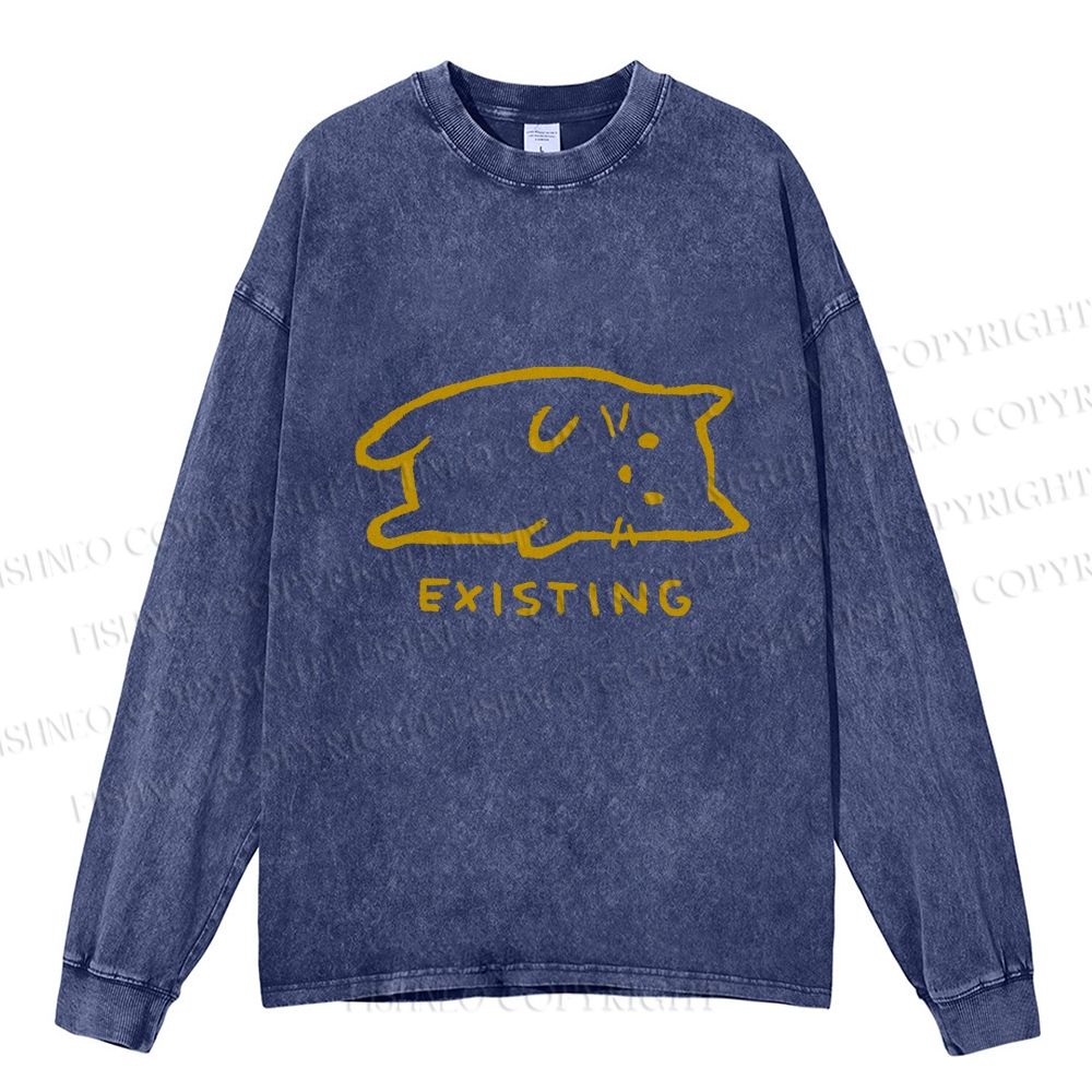Unisex Casual Washed Laying Cat Existing Printed Long Sleeve T-shirt