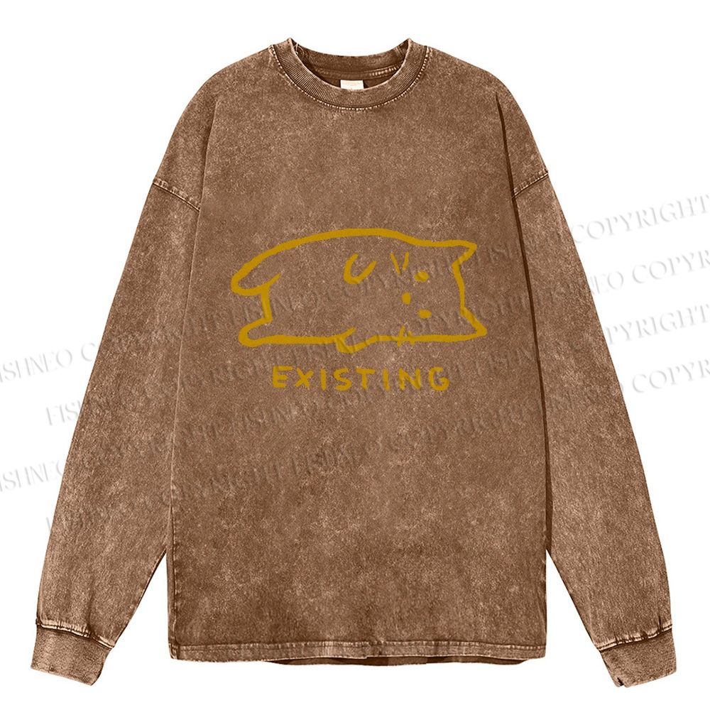 Unisex Casual Washed Laying Cat Existing Printed Long Sleeve T-shirt