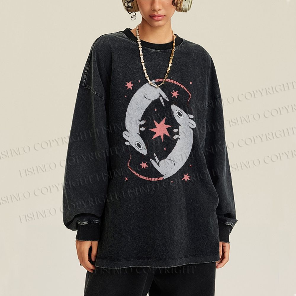 Unisex Casual Washed Rats With Star Printed Long Sleeve T-shirt