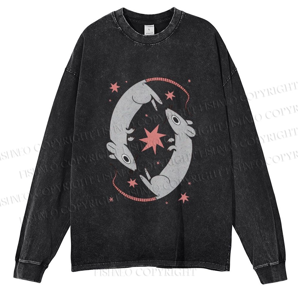 Unisex Casual Washed Rats With Star Printed Long Sleeve T-shirt