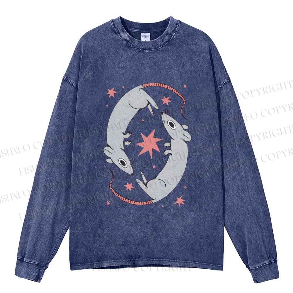Unisex Casual Washed Rats With Star Printed Long Sleeve T-shirt