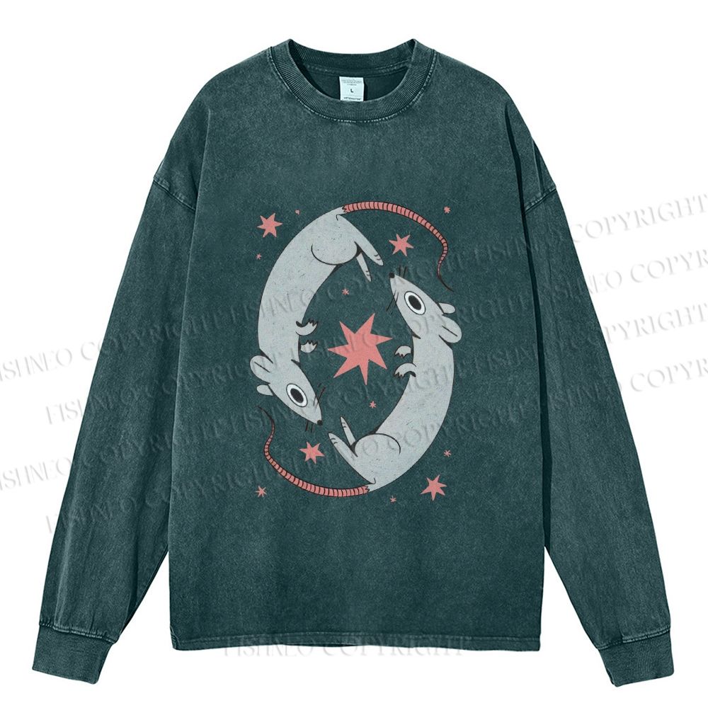 Unisex Casual Washed Rats With Star Printed Long Sleeve T-shirt