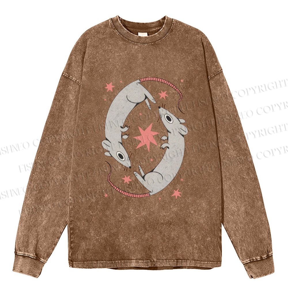 Unisex Casual Washed Rats With Star Printed Long Sleeve T-shirt