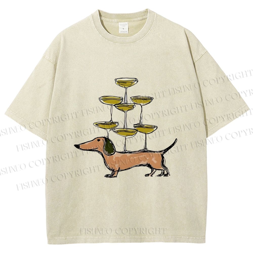 Unisex Funny Dachshund Dogs With Glasses Printed Washed Tee