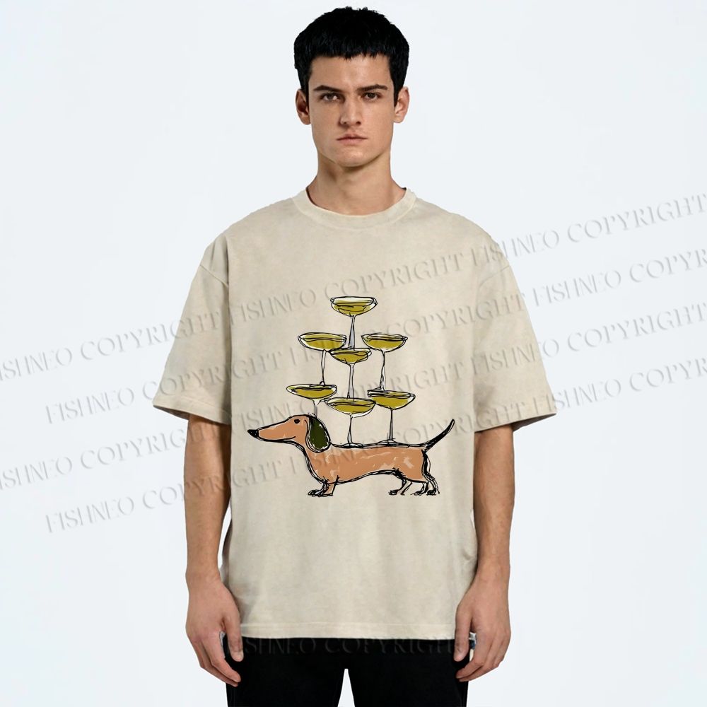 Unisex Funny Dachshund Dogs With Glasses Printed Washed Tee