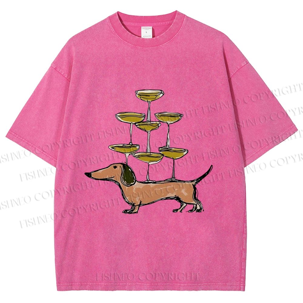 Unisex Funny Dachshund Dogs With Glasses Printed Washed Tee